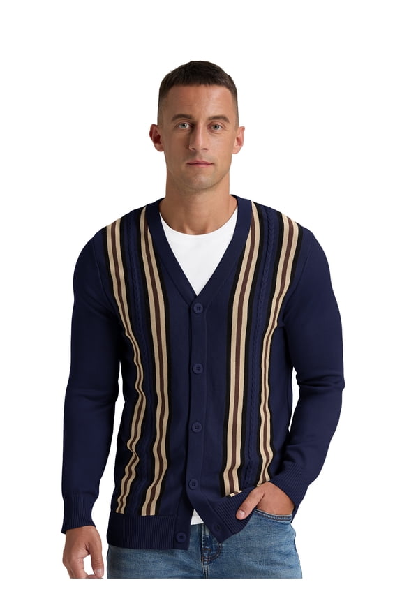 Men's Vintage Striped Long Sleeve Button Down Cardigan Sweater with V Neck Knitted Sweaters