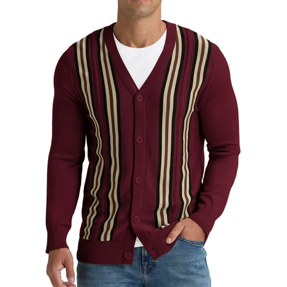 Iceglad Men's Vintage Striped Long Sleeve Button Down Cardigan Sweater with V Neck Knitted Sweaters