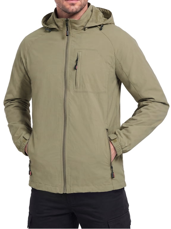 Men's Lightweight Hooded Windbreaker Jacket with Detachable Hood, Full Zip Closure, Multiple Zipper Pockets, Adjustable Hook-and-Loop Cuffs