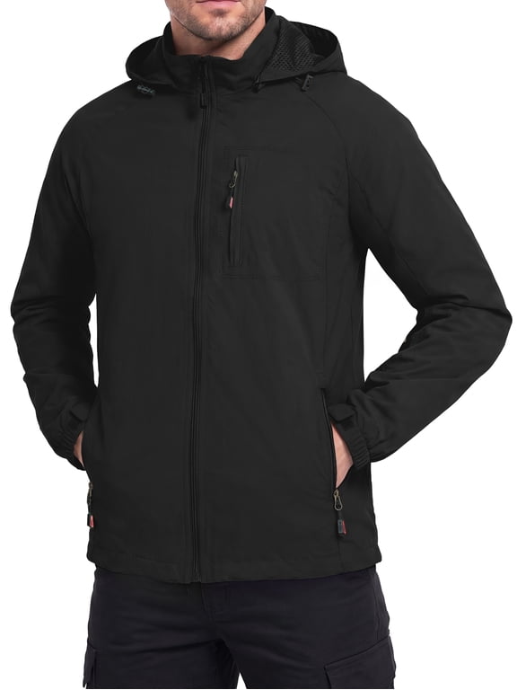 Men's Lightweight Hooded Windbreaker Jacket with Detachable Hood, Full Zip Closure, Multiple Zipper Pockets, Adjustable Hook-and-Loop Cuffs
