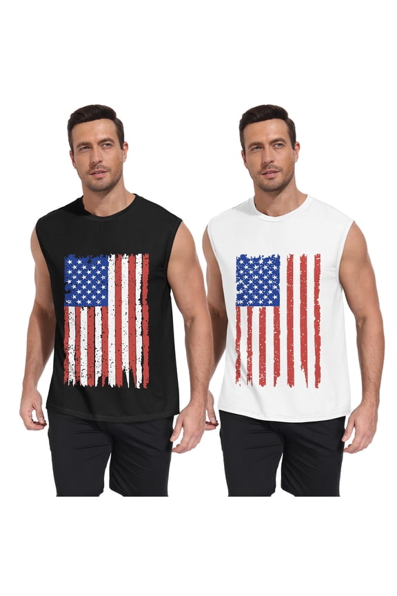 Mens American Flag Tank Top 2 Pack Sleeveless Workout Muscle Shirts Loose Fit Summer Beach Gym Casual 4th of July Patriotic Tee