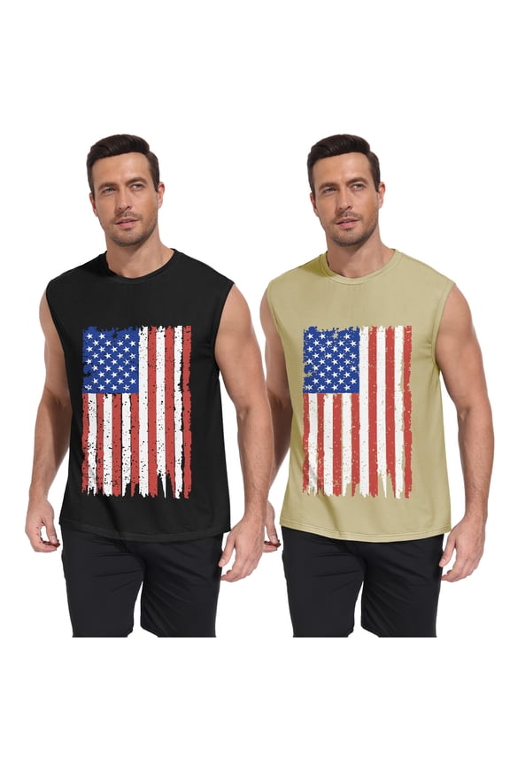 Mens American Flag Tank Top 2 Pack Sleeveless Workout Muscle Shirts Loose Fit Summer Beach Gym Casual 4th of July Patriotic Tee