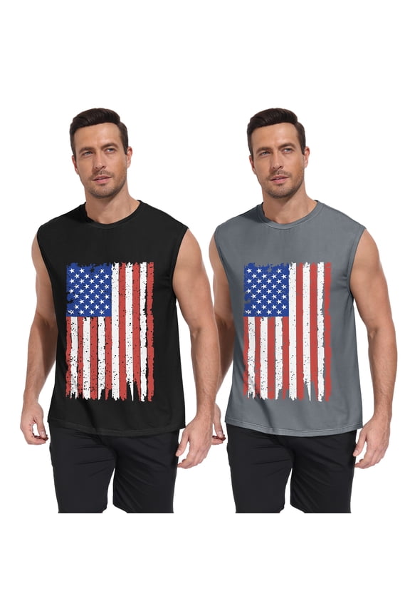 Mens American Flag Tank Top 2 Pack Sleeveless Workout Muscle Shirts Loose Fit Summer Beach Gym Casual 4th of July Patriotic Tee