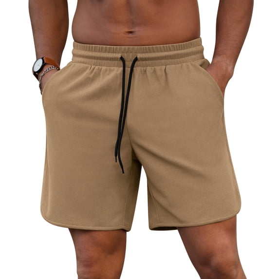 Iceglad Mens Athletic Shorts Elastic Drawstring 7in Inseam Stretch Waffle Running Gym Khaki S
