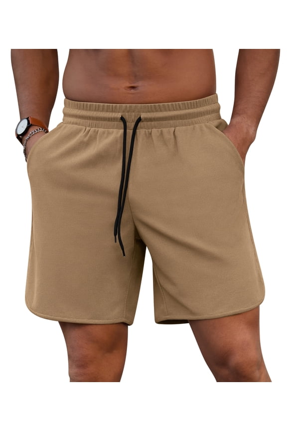 Mens Athletic Shorts Elastic Drawstring 7in Inseam Stretch Waffle Running Gym Khaki L