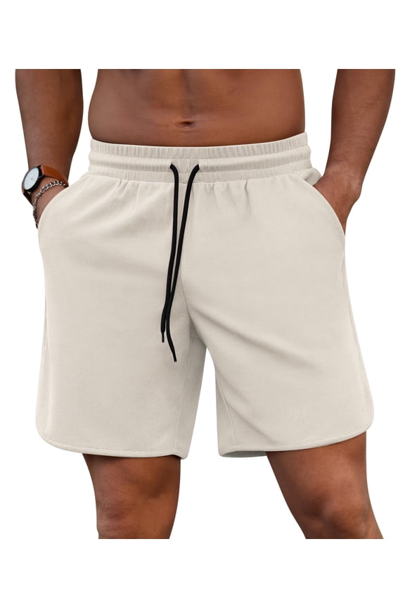 Mens Athletic Shorts Elastic Drawstring 7in Inseam Stretch Waffle Running Gym Parchment L