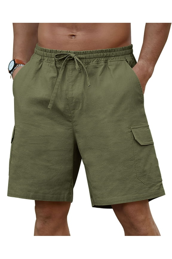 Mens Cargo Shorts Cotton Linen Shorts Elastic Waist Relaxed Casual Summer Beach Shorts with Multi Pockets Army Green S