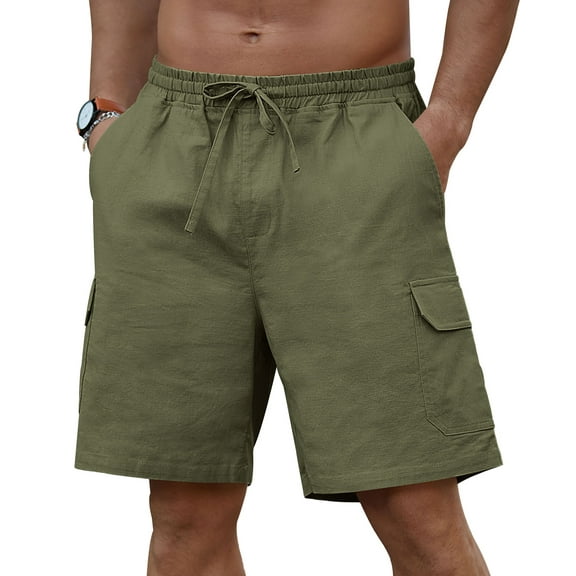 Iceglad Mens Cargo Shorts Cotton Linen Shorts Elastic Waist Relaxed Casual Summer Beach Shorts with Multi Pockets Army Green XL