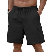 Iceglad Mens Cargo Shorts Cotton Linen Shorts Elastic Waist Relaxed Casual Summer Beach Shorts with Multi Pockets Black S