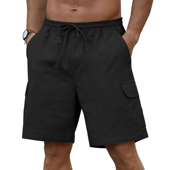 Iceglad Mens Cargo Shorts Cotton Linen Shorts Elastic Waist Relaxed Casual Summer Beach Shorts with Multi Pockets Black XL