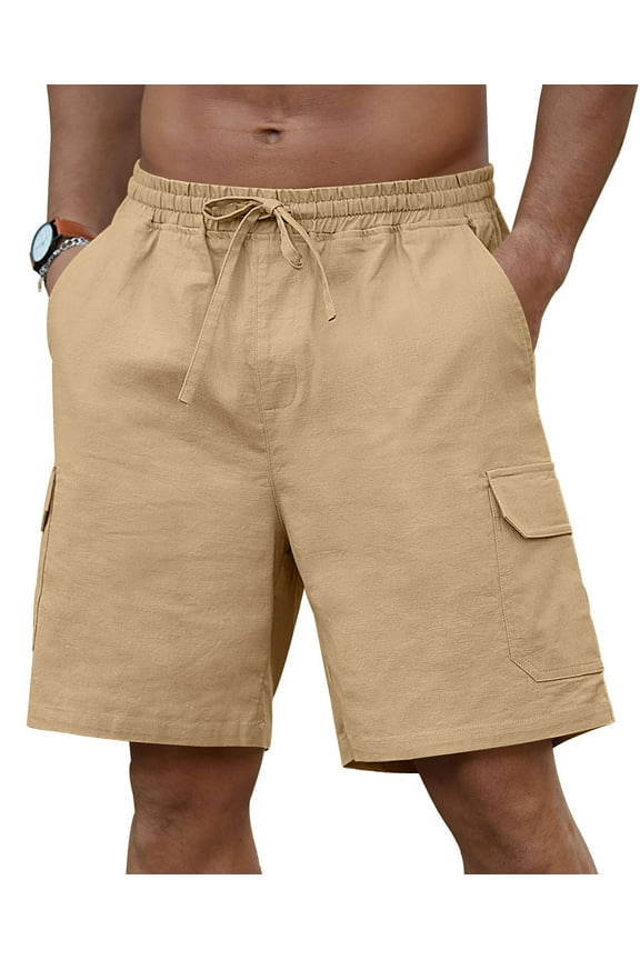 Mens Cargo Shorts Cotton Linen Shorts Elastic Waist Relaxed Casual Summer Beach Shorts with Multi Pockets Khaki M