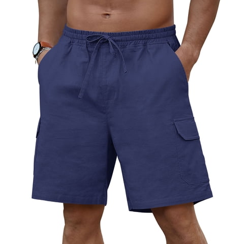 Mens Cargo Shorts Cotton Linen Shorts Elastic Waist Relaxed Casual Summer Beach Shorts with Multi Pockets Navy Blue S