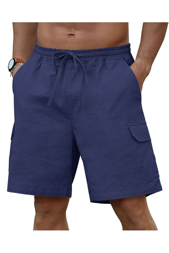 Mens Cargo Shorts Cotton Linen Shorts Elastic Waist Relaxed Casual Summer Beach Shorts with Multi Pockets Navy Blue XL