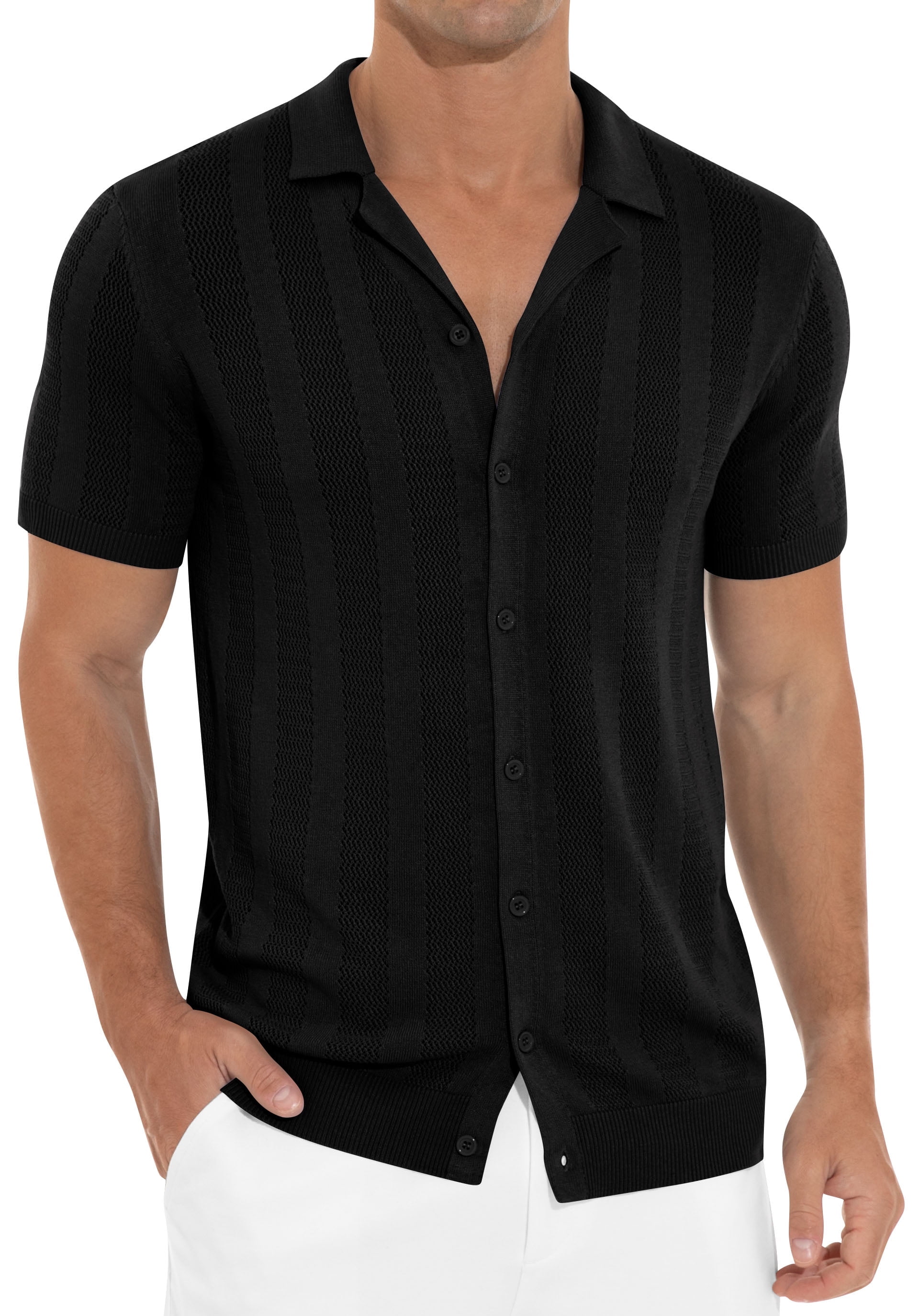 LecGee Men's 2 Piece Vertical Striped Textured Outfits Summer Casual