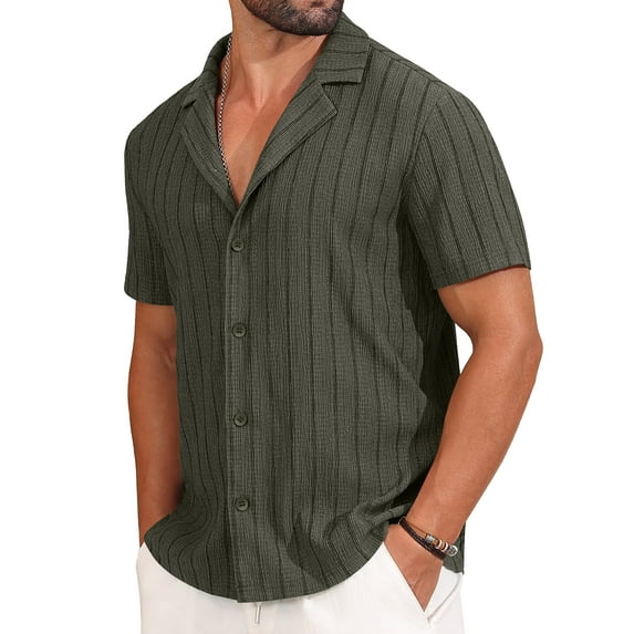 Iceglad Mens Casual Button Down Shirts Short Sleeve Striped Shirts Textured Summer Beach Shirt Dark Green Xxl
