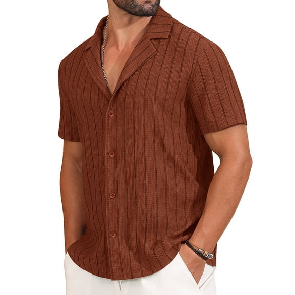 Iceglad Mens Casual Button Down Shirts Short Sleeve Striped Shirts Textured Summer Beach Shirt Brick Red S