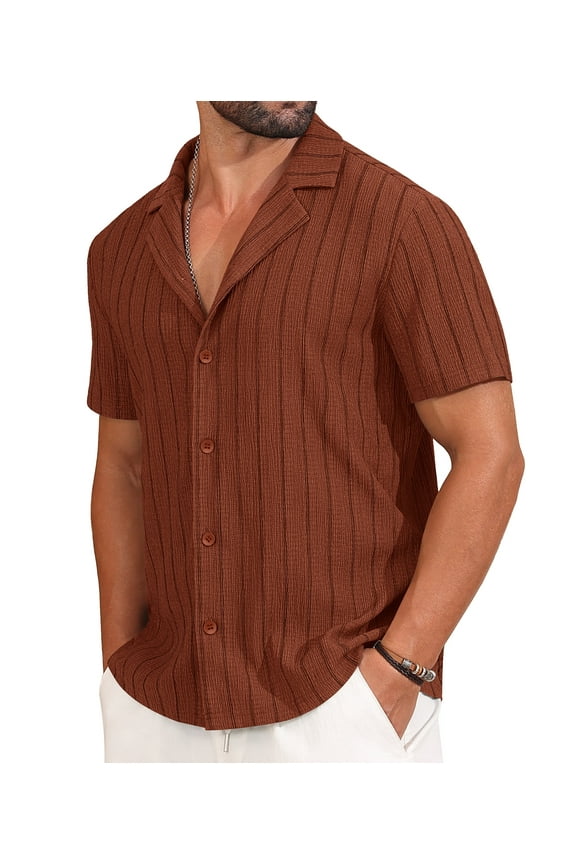 Mens Casual Button Down Shirts Short Sleeve Striped Shirts Textured Summer Beach Shirt Brick Red M