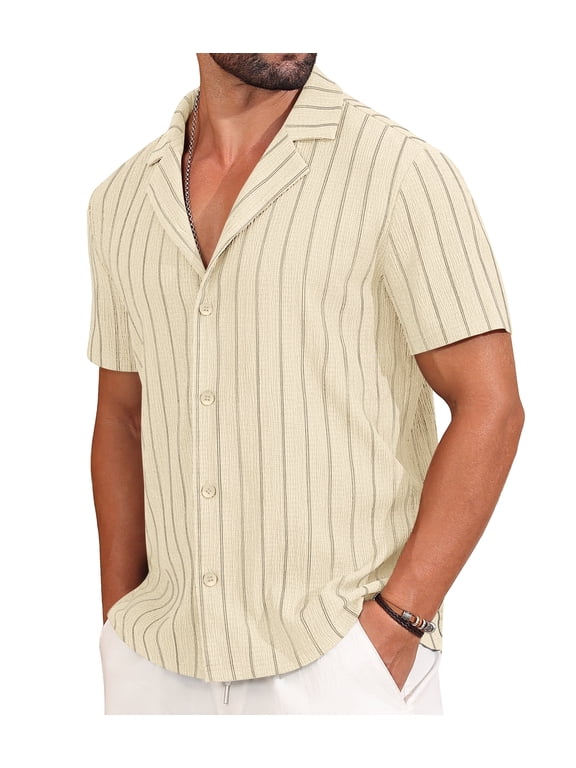 Mens Casual Button Down Shirts Short Sleeve Striped Shirts Textured Summer Beach Shirt White L