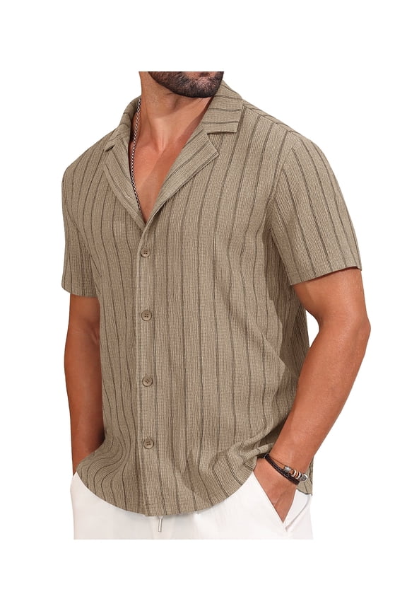 Mens Casual Button Down Shirts Short Sleeve Striped Shirts Textured Summer Beach Shirt Khaki Xxl
