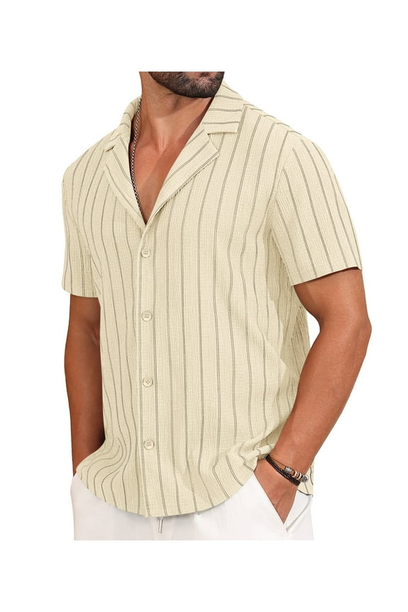 Mens Casual Button Down Shirts Short Sleeve Striped Shirts Textured Summer Beach Shirt White M