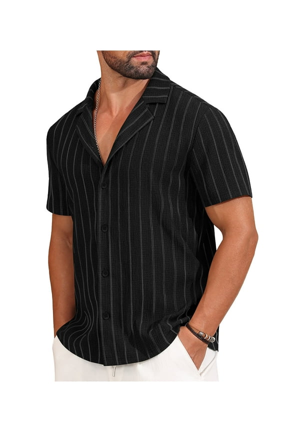 Mens Casual Button Down Shirts Short Sleeve Striped Shirts Textured Summer Beach Shirt Black L