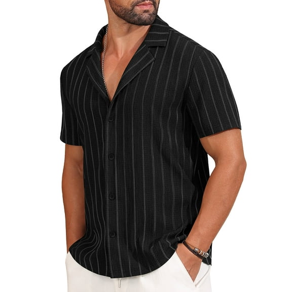 Iceglad Mens Casual Button Down Shirts Short Sleeve Striped Shirts Textured Summer Beach Shirt Black L