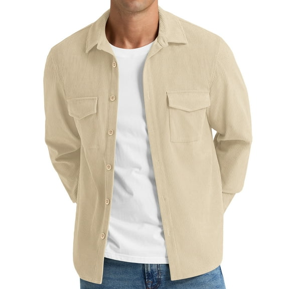 Iceglad Mens Corduroy Jacket Shirt Long Sleeve Button Down Shirt Work Casual Jacket With Chest Flap Pocket Beige 2XL