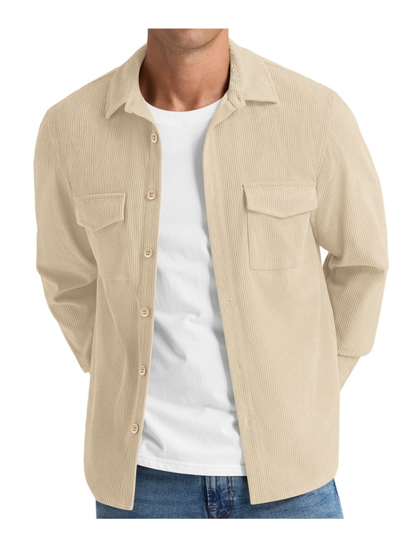 Mens Corduroy Jacket Shirt Long Sleeve Button Down Shirt Work Casual Jacket With Chest Flap Pocket Beige M