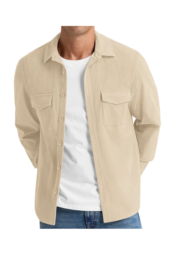 Mens Corduroy Jacket Shirt Long Sleeve Button Down Shirt Work Casual Jacket With Chest Flap Pocket Beige M