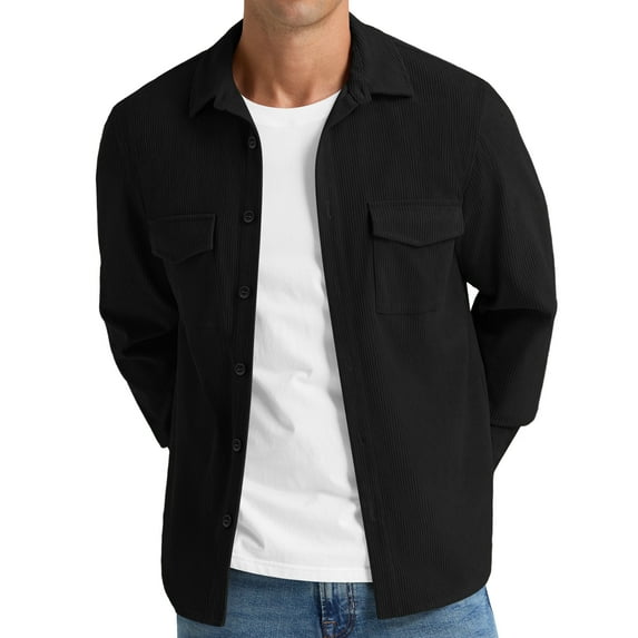 Iceglad Mens Corduroy Jacket Shirt Long Sleeve Button Down Shirt Work Casual Jacket With Chest Flap Pocket Black L