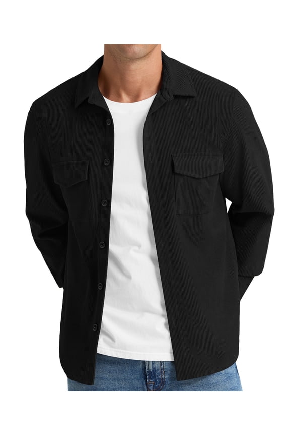 Mens Corduroy Jacket Shirt Long Sleeve Button Down Shirt Work Casual Jacket With Chest Flap Pocket Black L