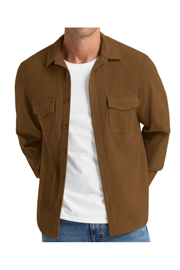 Mens Corduroy Jacket Shirt Long Sleeve Button Down Shirt Work Casual Jacket With Chest Flap Pocket Brown S