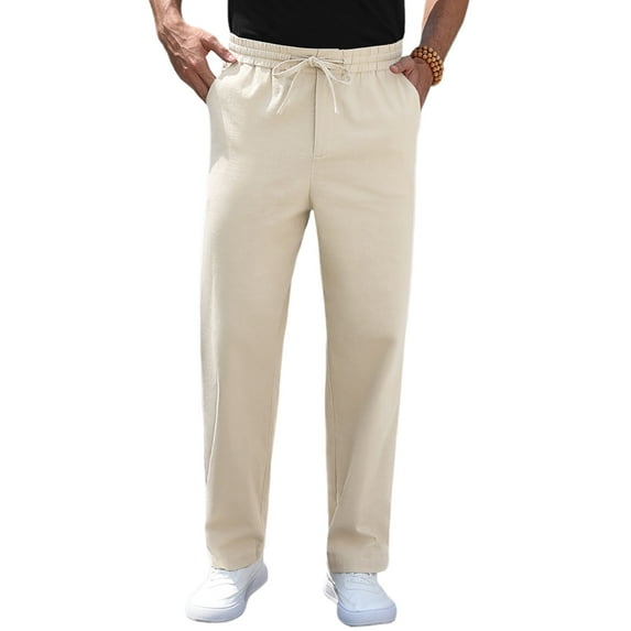 Iceglad Mens Cotton Linen Pants Elastic Waist Lightweight Drawstring Trouser Casual Summer Beach Pants Beige-Xl