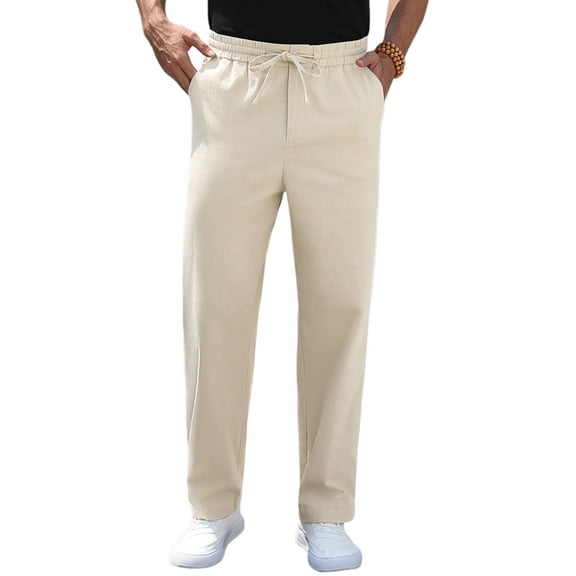 Iceglad Mens Cotton Linen Pants Elastic Waist Lightweight Drawstring Trouser Casual Summer Beach Pants Beige-l