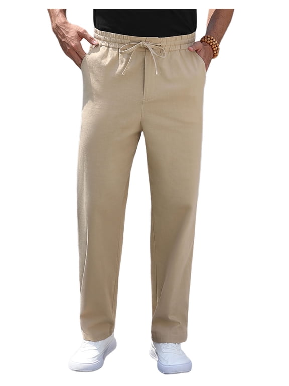 Mens Cotton Linen Pants Elastic Waist Lightweight Drawstring Trouser Casual Summer Beach Pants Khaki-l