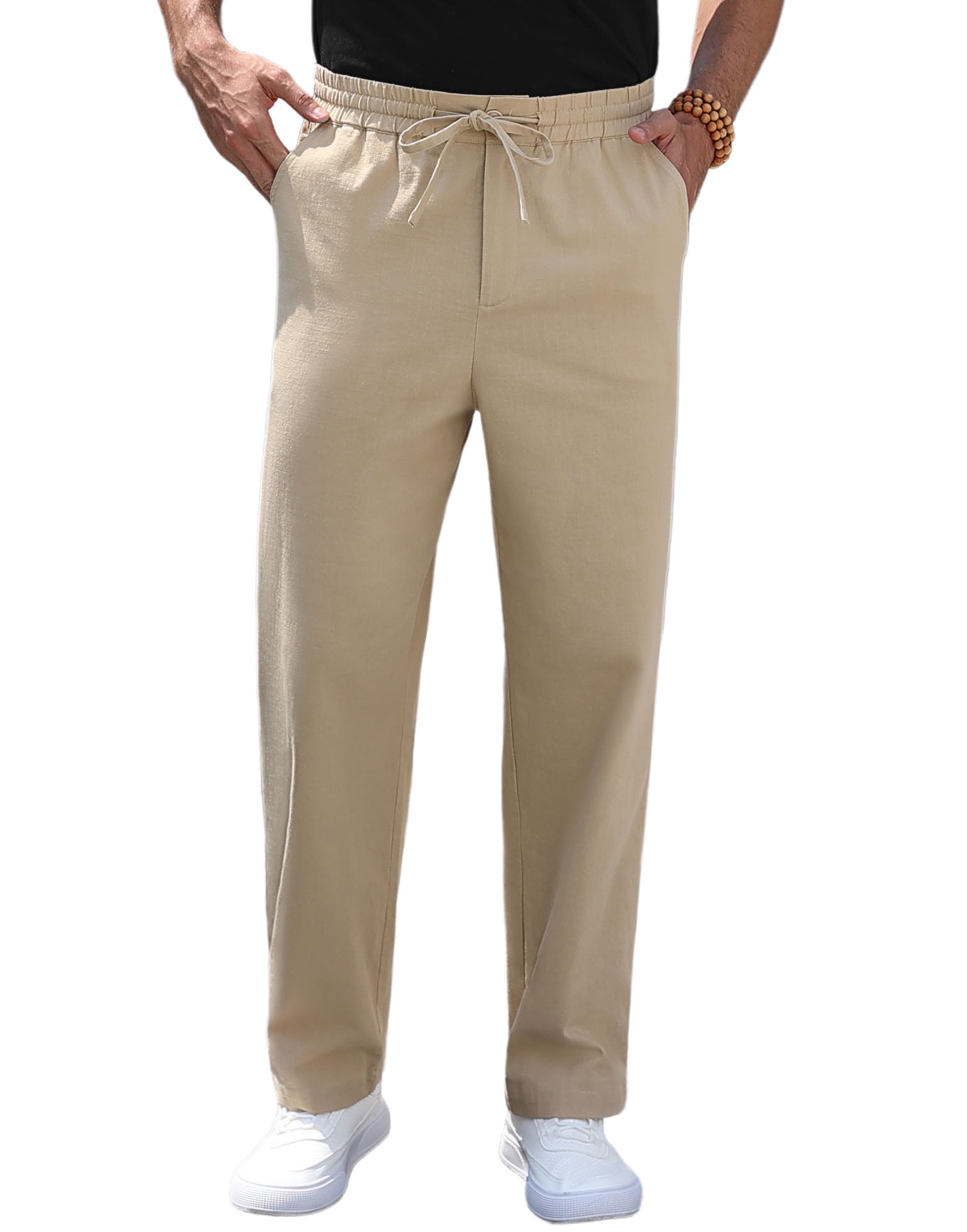Iceglad Mens Cotton Linen Pants Elastic Waist Lightweight Drawstring ...