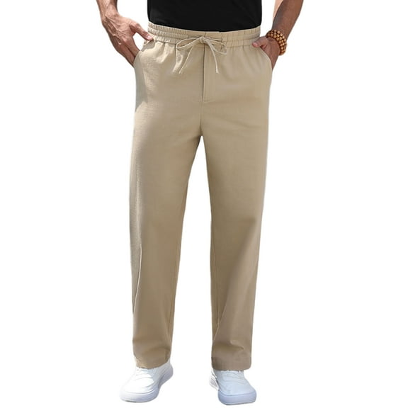 Iceglad Mens Cotton Linen Pants Elastic Waist Lightweight Drawstring Trouser Casual Summer Beach Pants Khaki-s