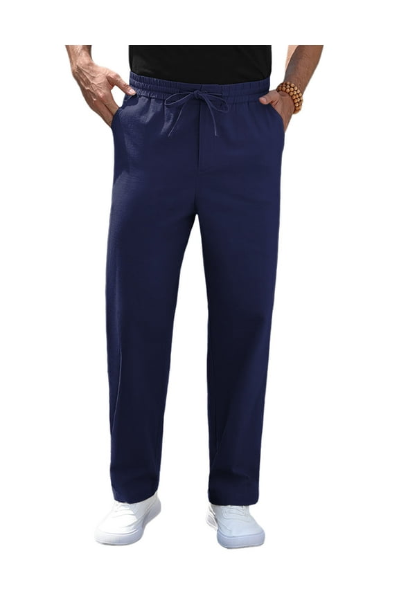 Mens Cotton Linen Pants Elastic Waist Lightweight Drawstring Trouser Casual Summer Beach Pants Navy Blue-m