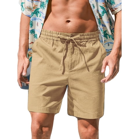 Mens Cotton Linen Shorts Stretch Summer Beach Shorts Casual Drawstring 7inch Inseam Shorts