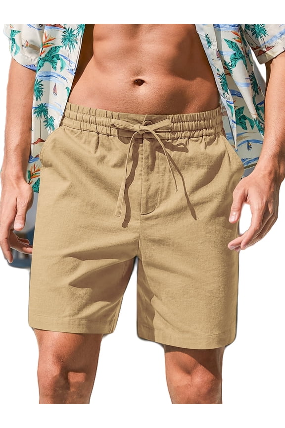 Mens Cotton Linen Shorts Stretch Summer Beach Shorts Casual Drawstring 7inch Inseam Shorts