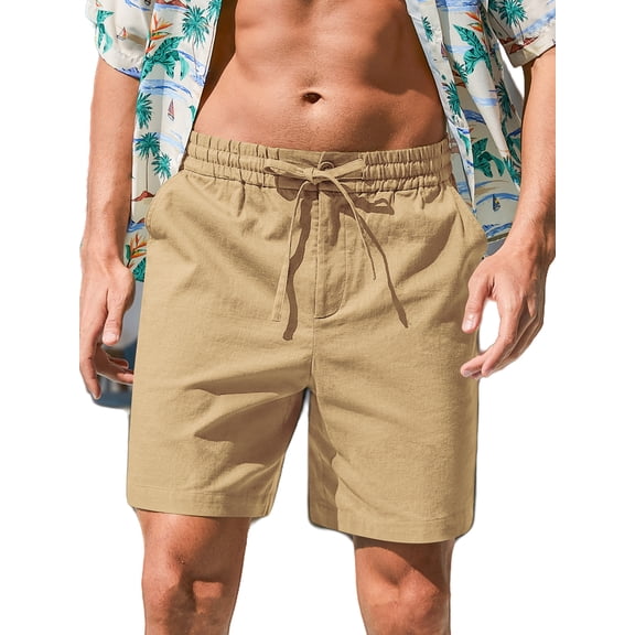 Iceglad Mens Cotton Linen Shorts Stretch Summer Beach Shorts Casual Drawstring 7inch Inseam Shorts