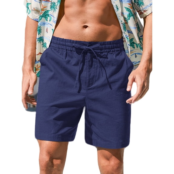 Iceglad Mens Cotton Linen Shorts Stretch Summer Beach Shorts Casual Drawstring 7inch Inseam Shorts