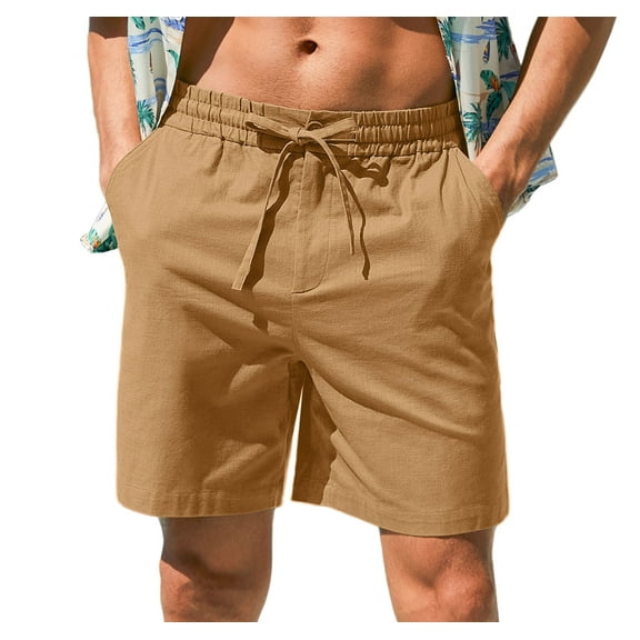 Iceglad Mens Cotton Linen Shorts Stretch Summer Beach Shorts Casual Drawstring 15inch Inseam Shorts