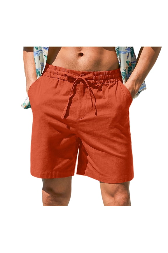 Mens Cotton Linen Shorts Stretch Summer Beach Shorts Casual Drawstring 7inch Inseam Shorts