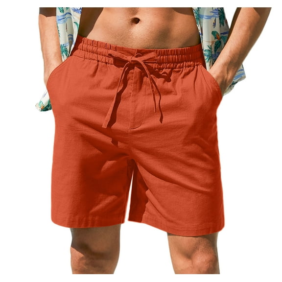 Iceglad Mens Cotton Linen Shorts Stretch Summer Beach Shorts Casual Drawstring 27inch Inseam Shorts