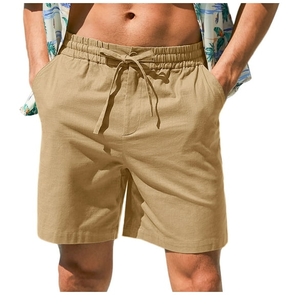 Iceglad Mens Cotton Linen Shorts Stretch Summer Beach Shorts Casual Drawstring 7inch Inseam Shorts