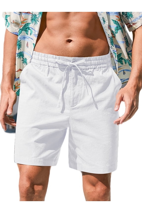 Mens Cotton Linen Shorts Stretch Summer Beach Shorts Casual Drawstring 7inch Inseam Shorts