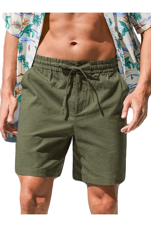 Mens Cotton Linen Shorts Stretch Summer Beach Shorts Casual Drawstring 7inch Inseam Shorts