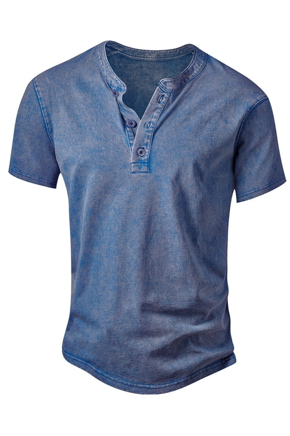 Mens Distressed Henley Shirts Retro Short Sleeve Cotton Tee Shirts Casual Button Down Washed T-Shirts