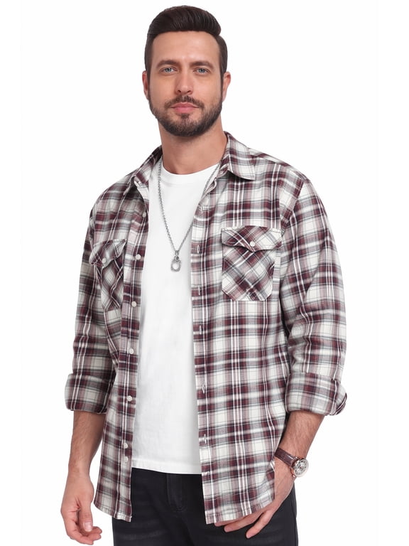 Mens Brushed-flannel check shirt Plaid Shirt Long Sleeve Button Down Casual Buffalo Check Shirt Soft Lightweight Shacket Jacket for Men Fall Winter with Pockets